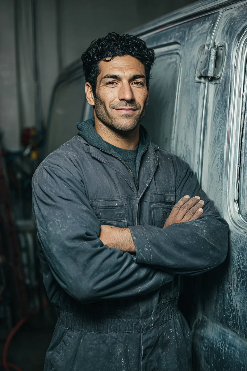 Afghan American auto body painter standing in front of a freshly painted car door in his shop