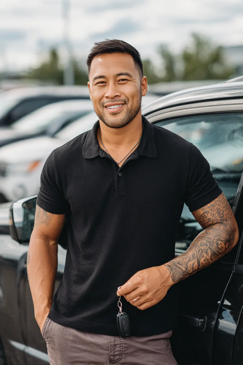 Samoan American father leaning against the driver door of a midsize SUV in a sunlit lot