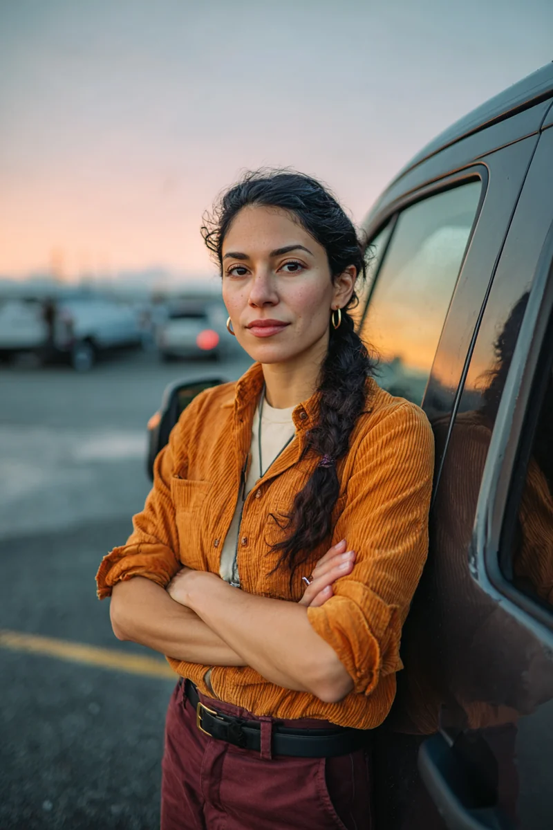 Colombian American delivery driver standing beside her work van in an early morning parking lot