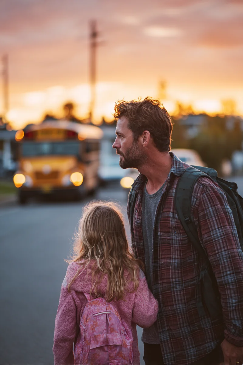 Native American single father in a flannel shirt walking his daughter to the school bus at dawn