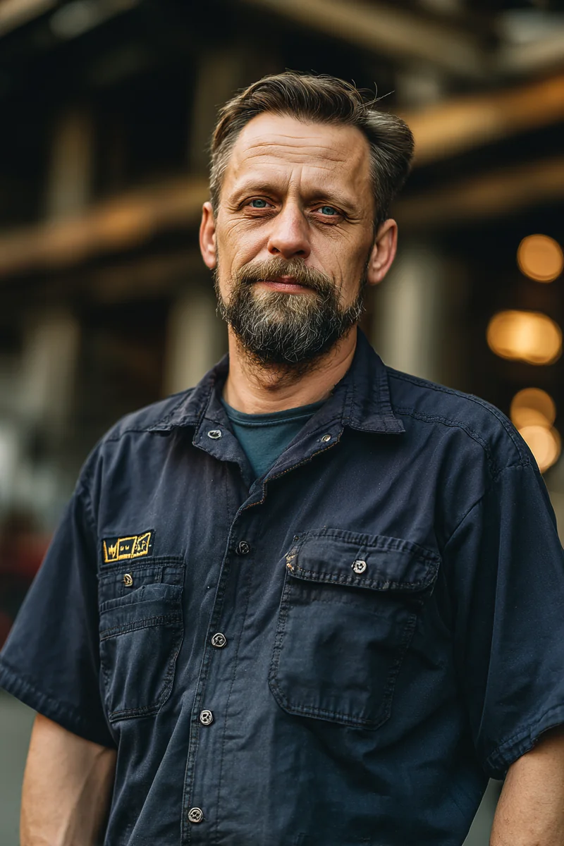 Polish American factory worker standing outside the plant at shift change with a weathered honest face