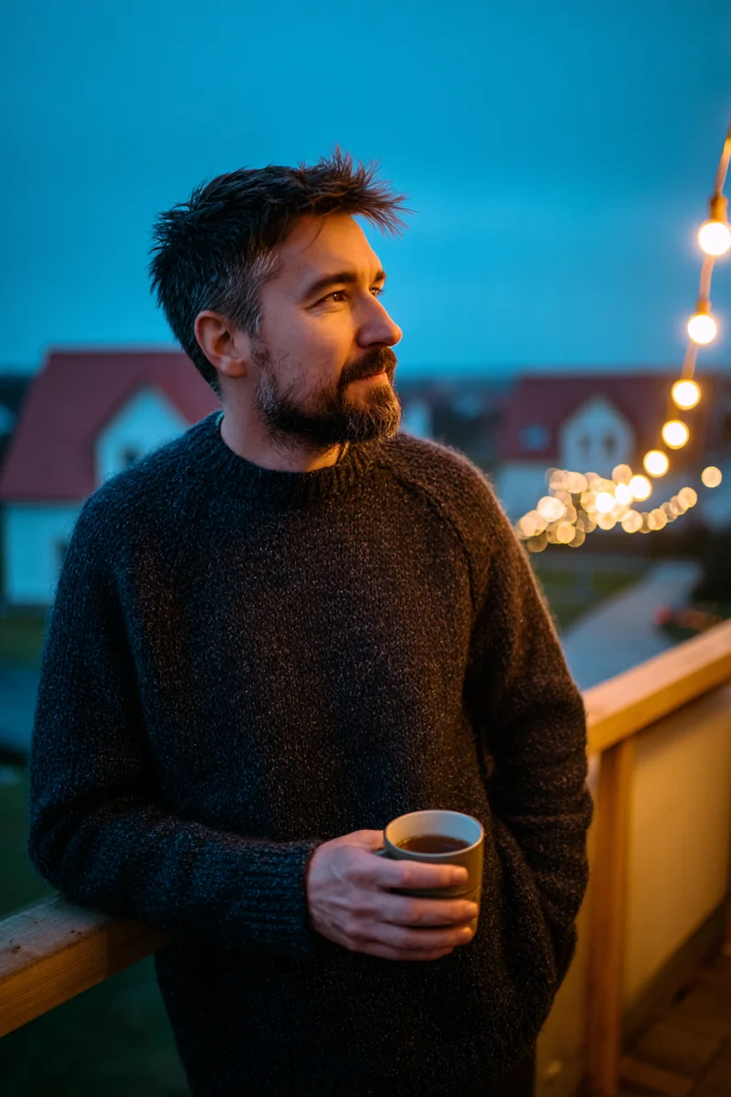 Lithuanian American freelance writer in a thick wool sweater on a small balcony at dusk