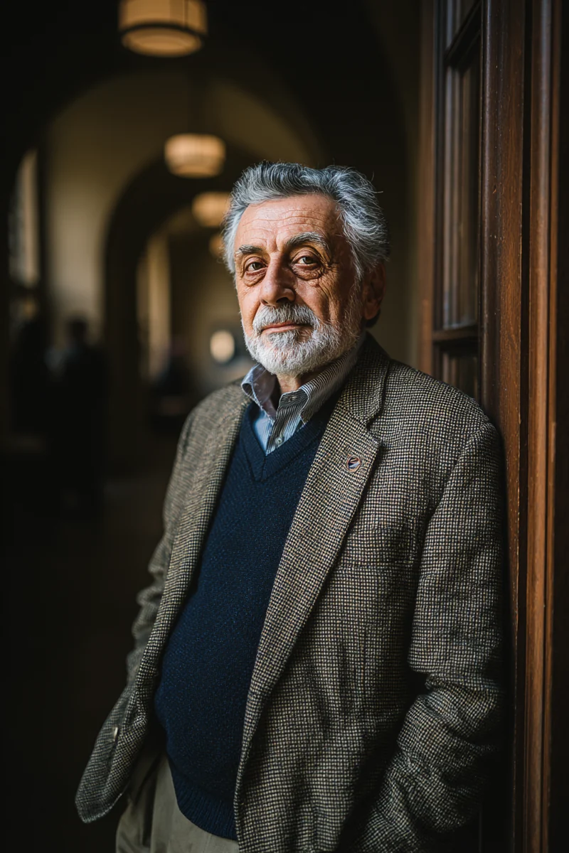 Romanian American economics professor in a tweed jacket leaning against a lecture hall doorway