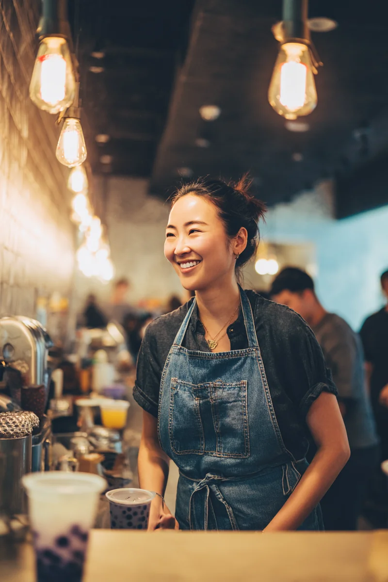 Korean American boba shop owner in a denim apron pouring a drink behind her counter