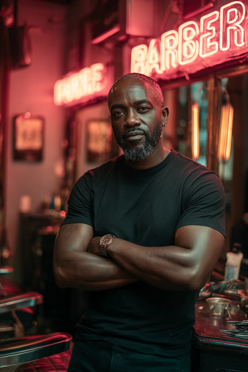 Ghanaian American barber shop owner standing in front of his vintage barber chair with a proprietor pose