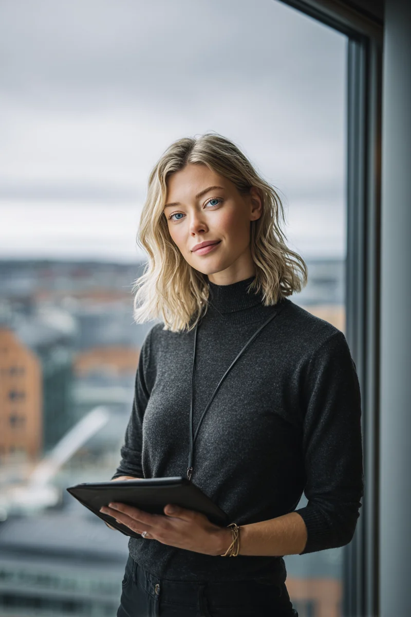 Young Swedish American fintech analyst in a charcoal turtleneck holding a tablet by a window