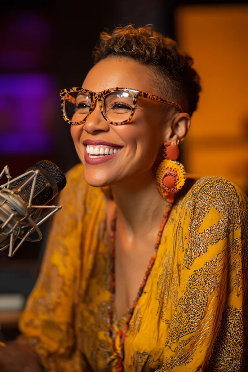 Jamaican American radio show host with statement glasses and a bold mustard top at a studio microphone