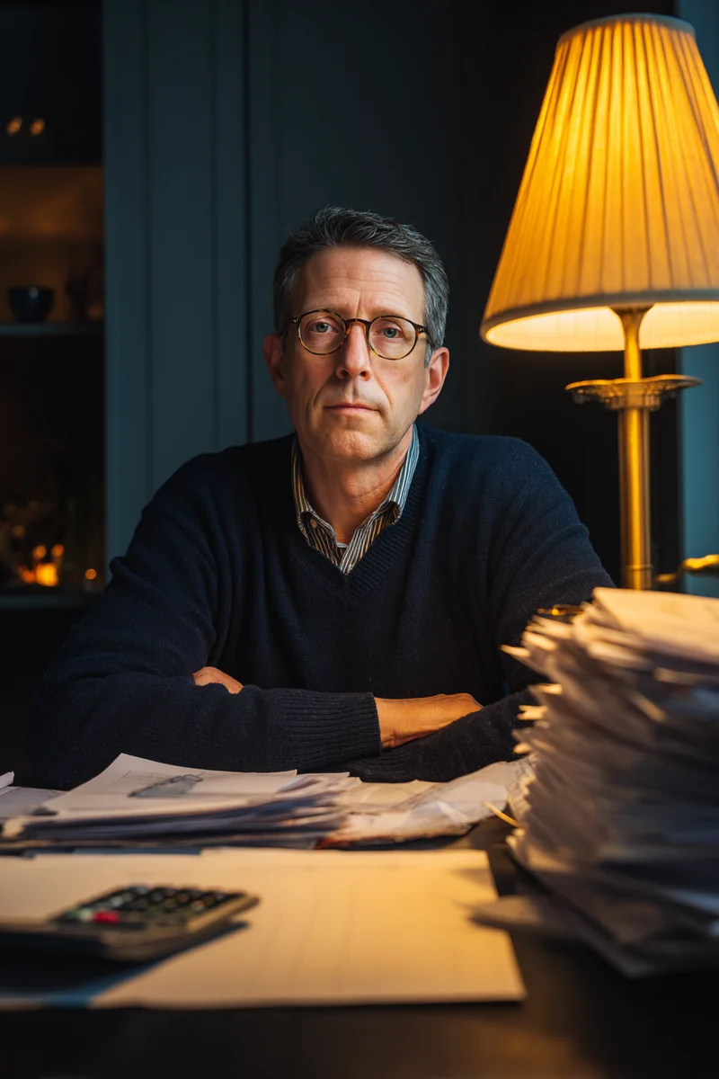 Hungarian American accountant in wire glasses sitting at a home office desk with neat papers