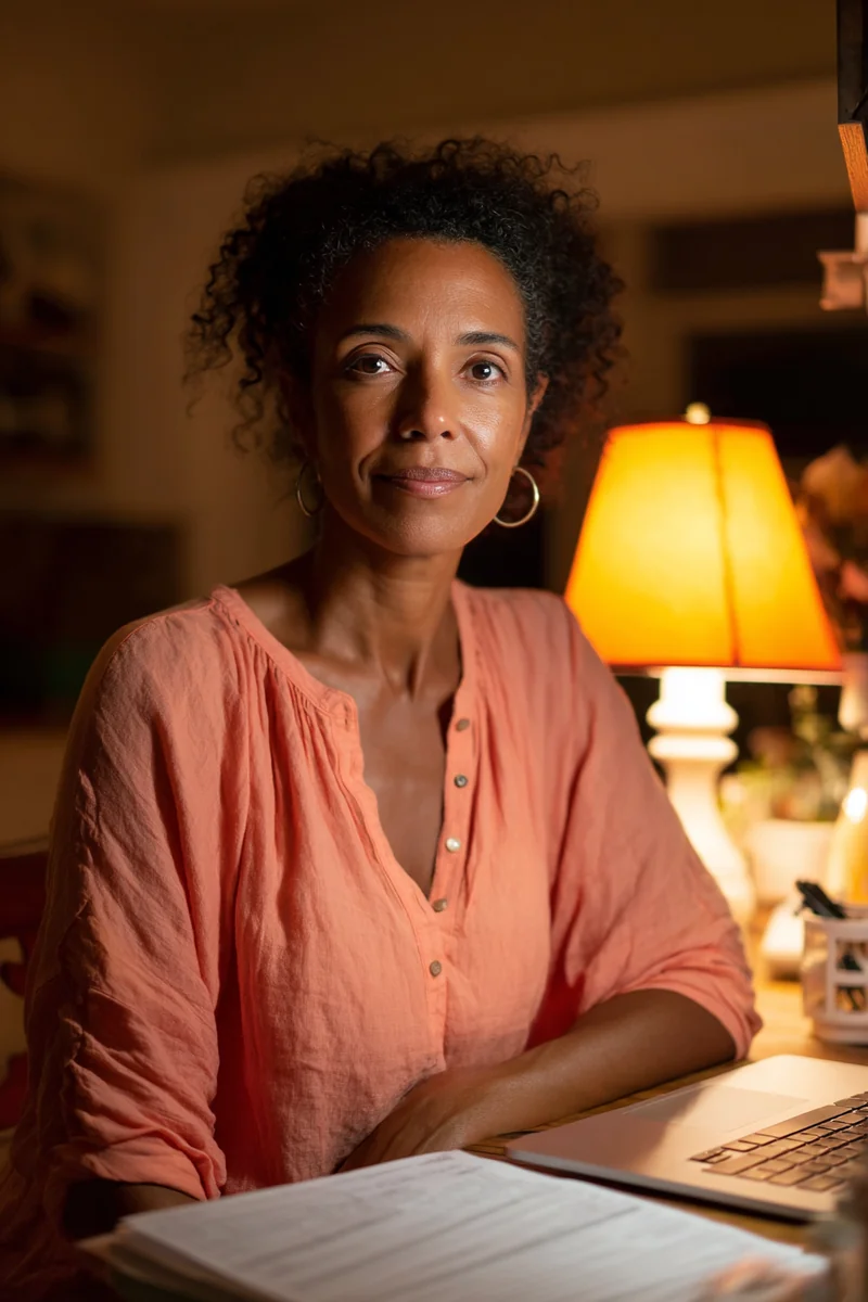 Trinidadian American single mother sitting at her kitchen table at night with a notebook and laptop