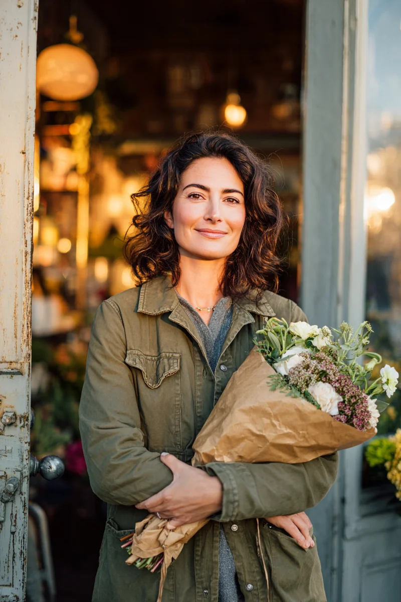 Greek American small business owner standing in her flower shop doorway at golden hour