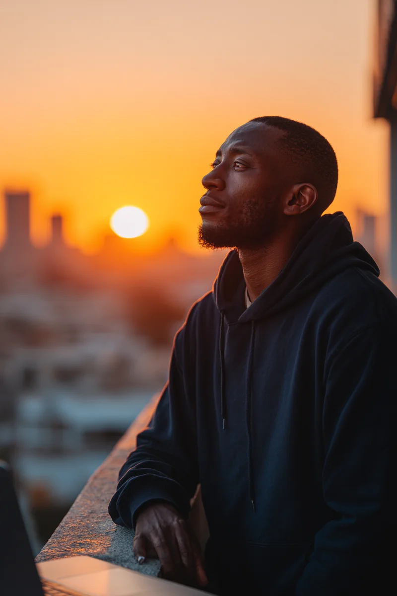 Young Black father in a navy hoodie reviewing finances on his apartment balcony at sunrise