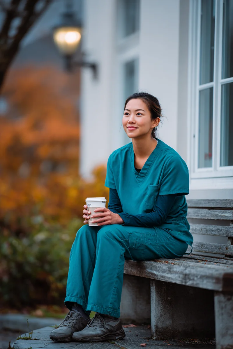 Vietnamese American nurse in teal scrubs taking a coffee break outside a hospital
