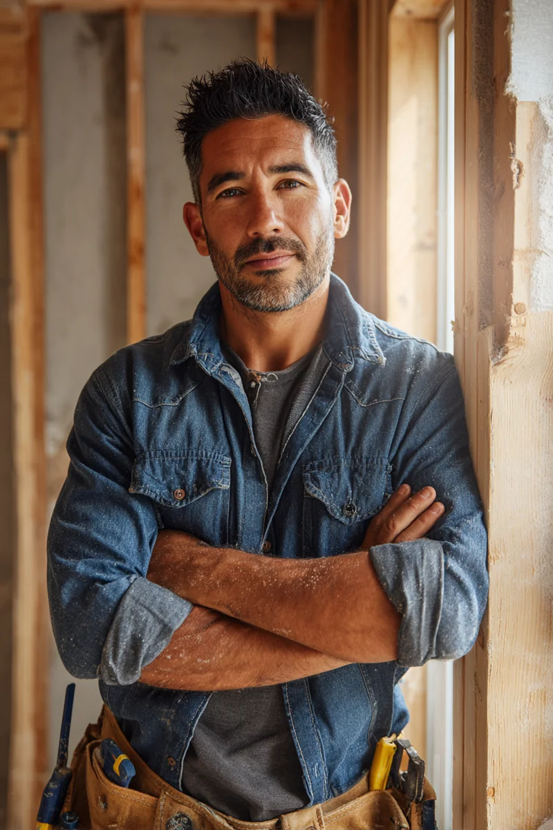 Mexican American carpenter in a tool belt standing in a half-finished kitchen renovation