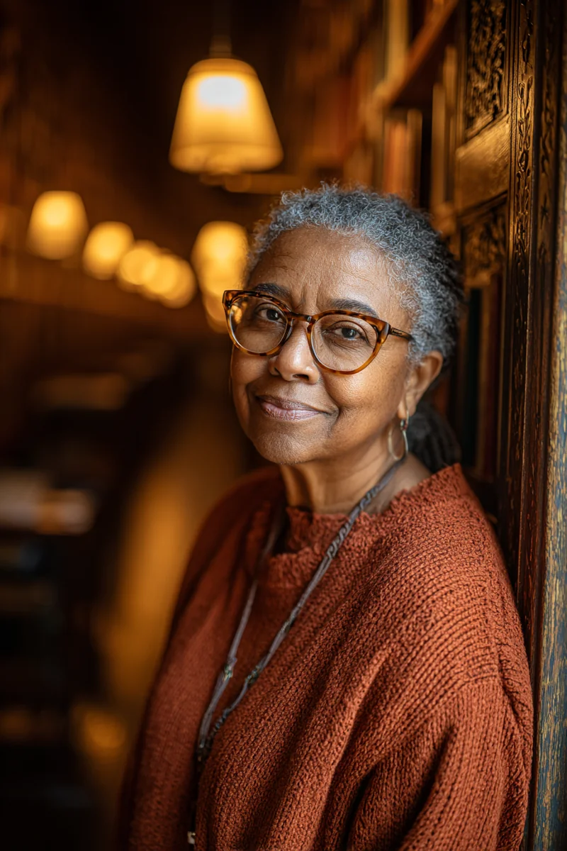 African American librarian leaning against bookshelves with a calm reassuring smile