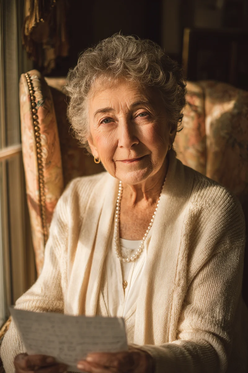 Senior Italian American widow holding a handwritten letter in a sunlit wing-back chair