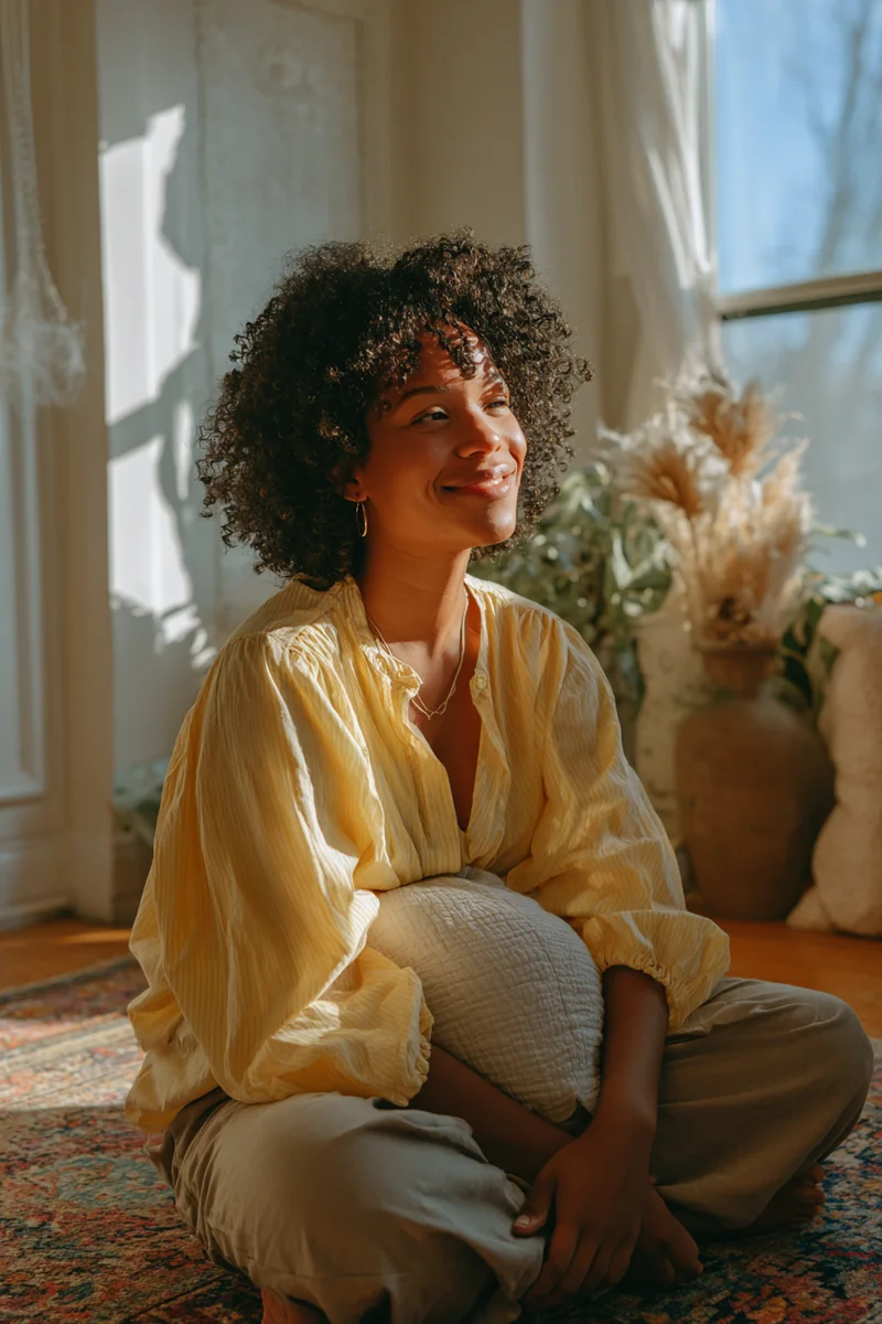 Young Haitian American mother sitting on a living room rug with her infant on her lap in a sunbeam