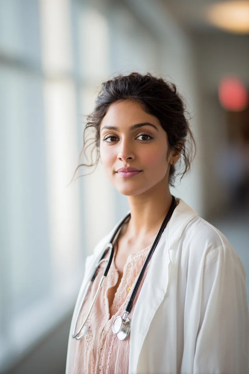 Young Pakistani American medical student in a white coat holding a stethoscope in a hospital hallway