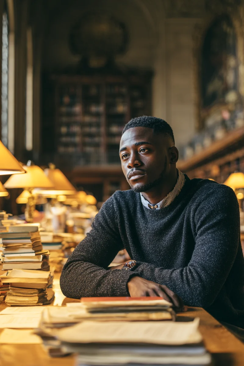 Young Nigerian American law student in a charcoal sweater at a long library table with stacks of books